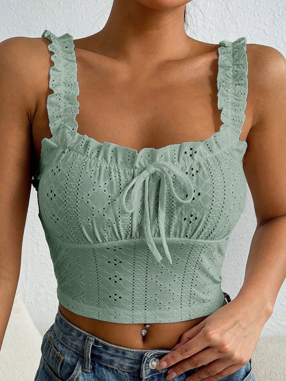 Mint Green Casual Women's Frill Trim Tie Front Schiffy Wide Straps Top